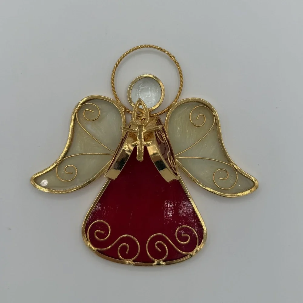 Vintage Red Angel Gold Tone Stained Glass Sun Catcher Winged Holiday‎ Decor